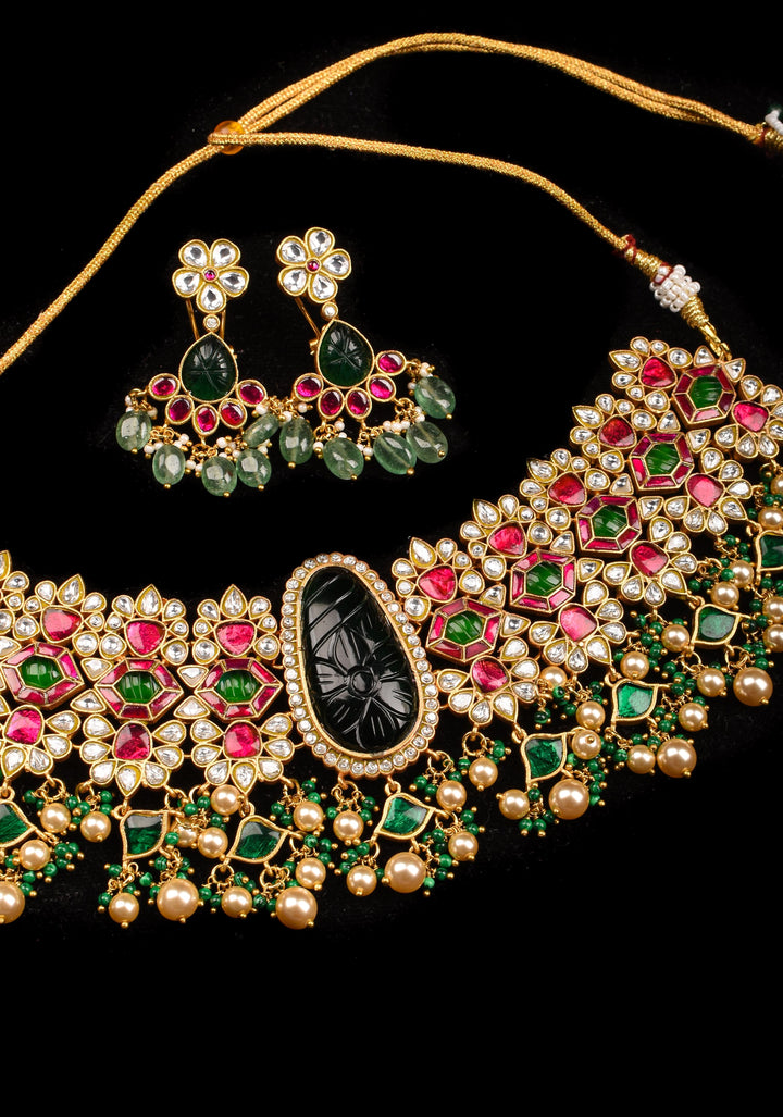 Traditional Jadau Kundan Choker Set With Dangling Pearls And Matching Earrings