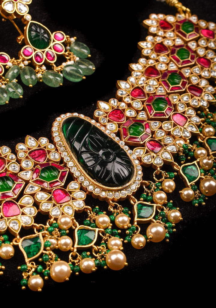 Traditional Jadau Kundan Choker Set With Dangling Pearls And Matching Earrings