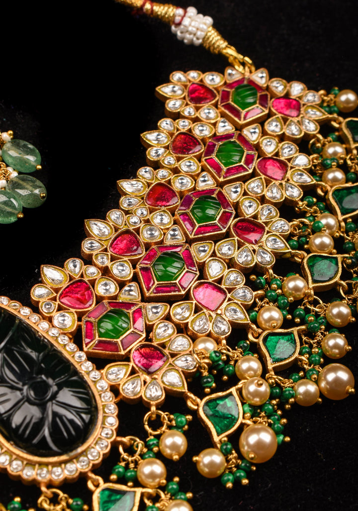 Traditional Jadau Kundan Choker Set With Dangling Pearls And Matching Earrings