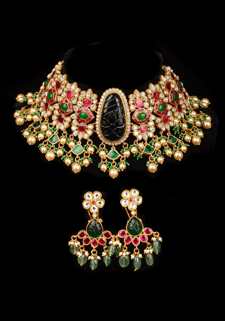 Traditional Jadau Kundan Choker Set With Dangling Pearls And Matching Earrings