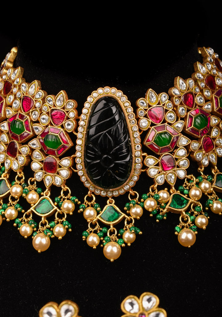 Traditional Jadau Kundan Choker Set With Dangling Pearls And Matching Earrings