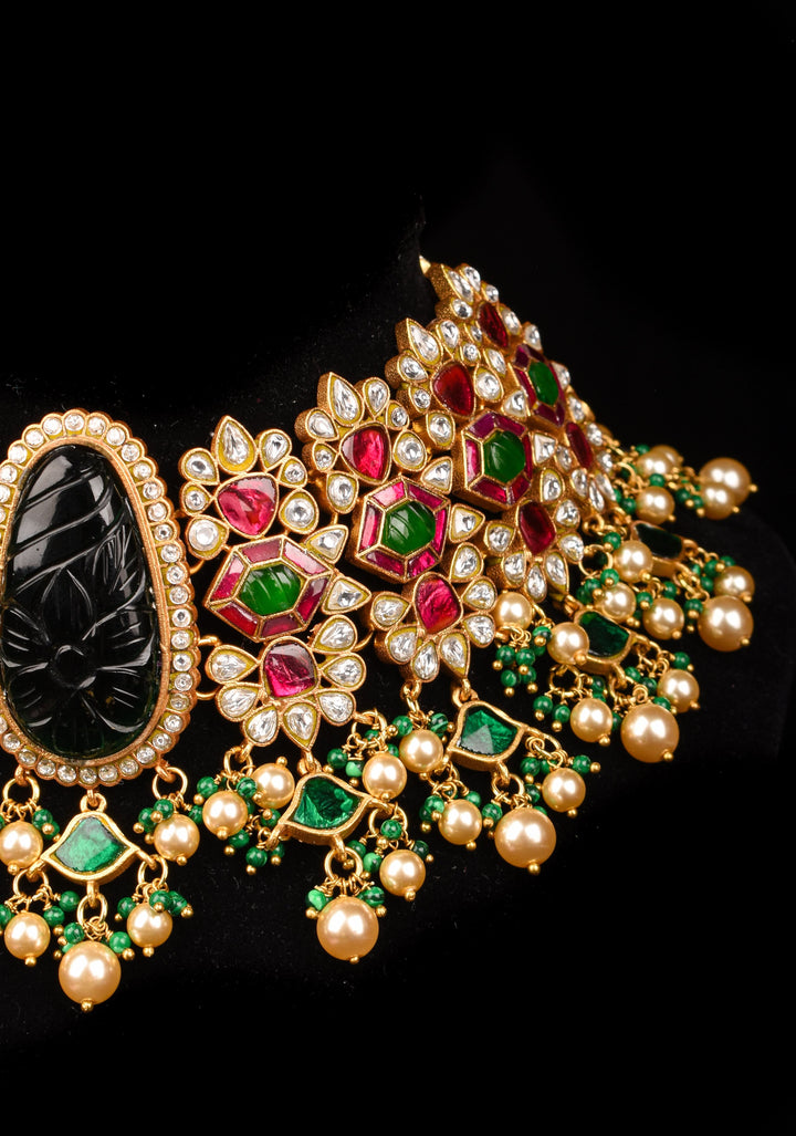 Traditional Jadau Kundan Choker Set With Dangling Pearls And Matching Earrings