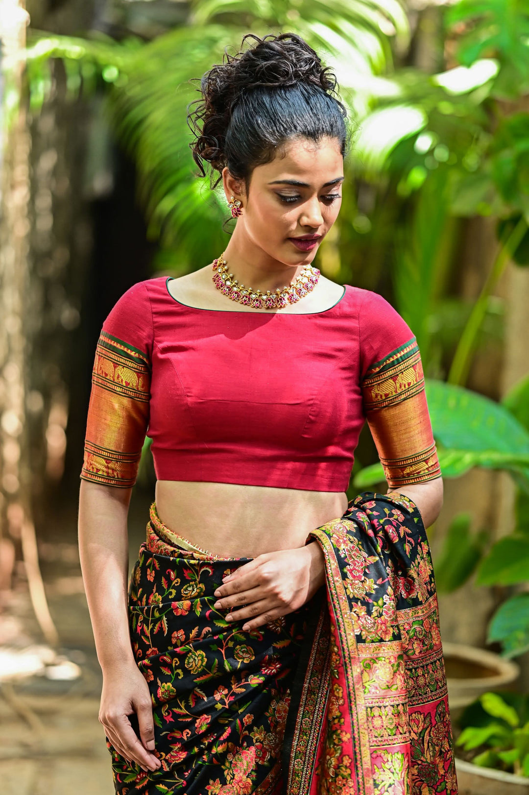 Maroon Narayanpet cotton boatneck blouse with oval cutout and tieback design