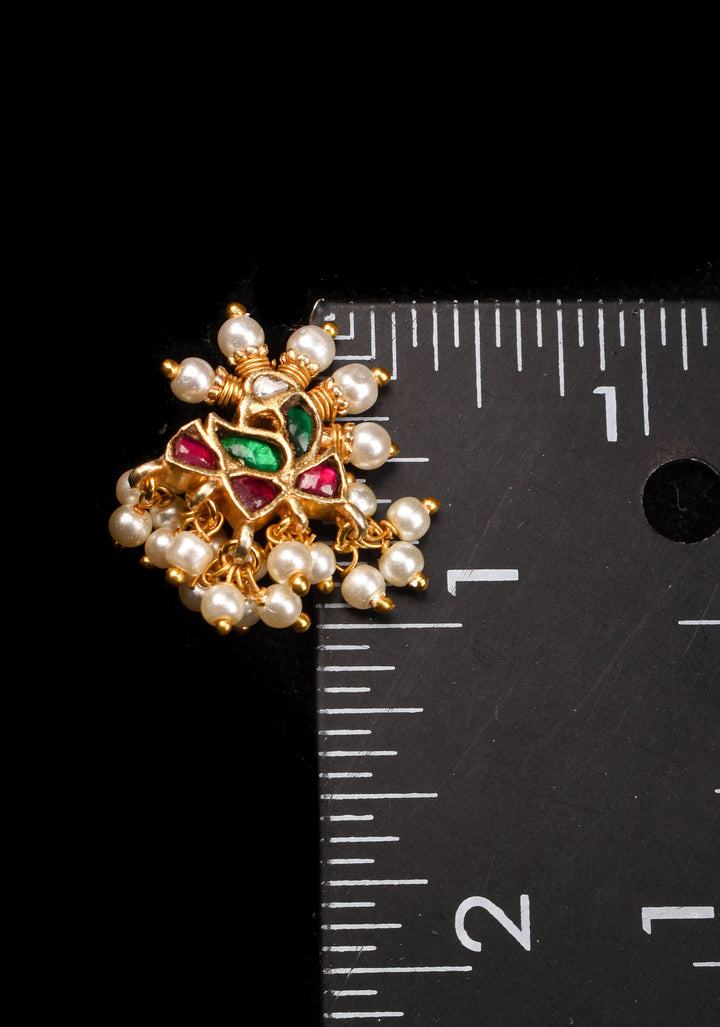 Jadau Kundan Clip or nose pin with white dangling beads | Shobitam Jewelry