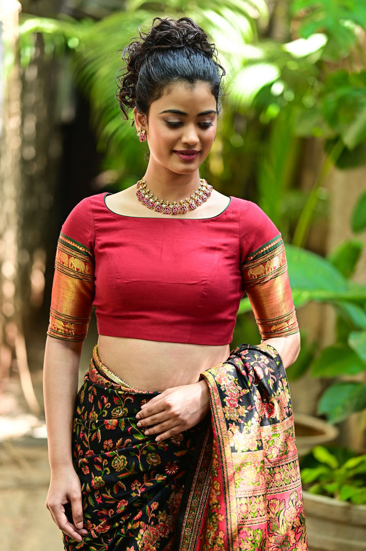 Maroon Narayanpet cotton boatneck blouse with oval cutout and tieback design