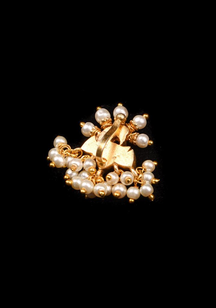Jadau Kundan Clip or nose pin with white dangling beads | Shobitam Jewelry