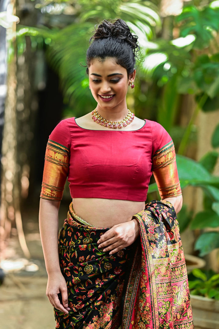 Maroon Narayanpet cotton boatneck blouse with oval cutout and tieback design