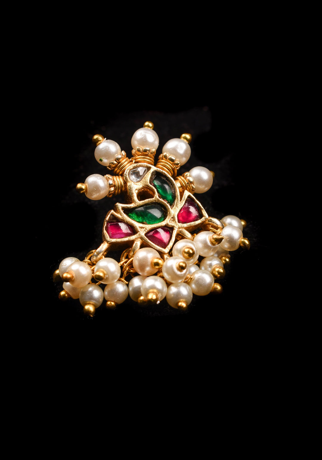 Jadau Kundan Clip or nose pin with white dangling beads | Shobitam Jewelry