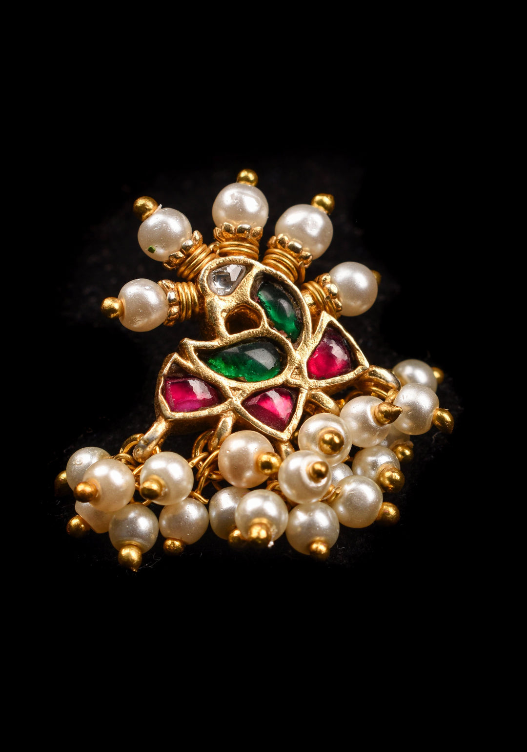 Jadau Kundan Clip or nose pin with white dangling beads | Shobitam Jewelry