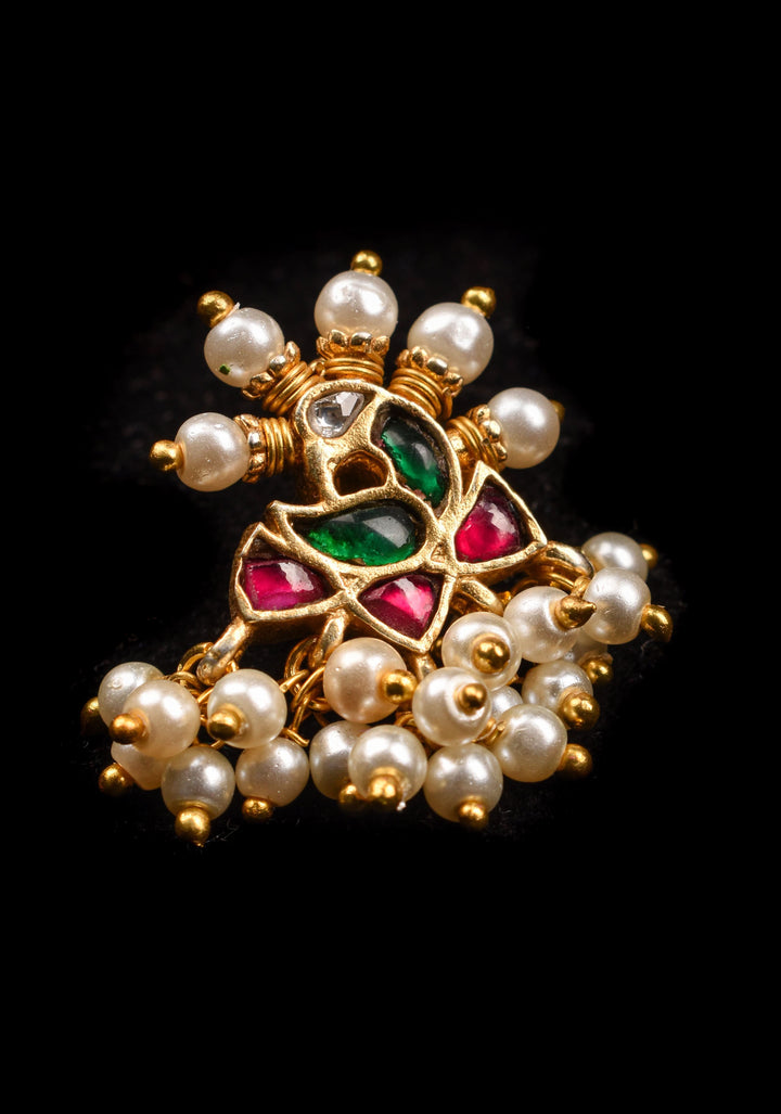 Jadau Kundan Clip or nose pin with white dangling beads | Shobitam Jewelry