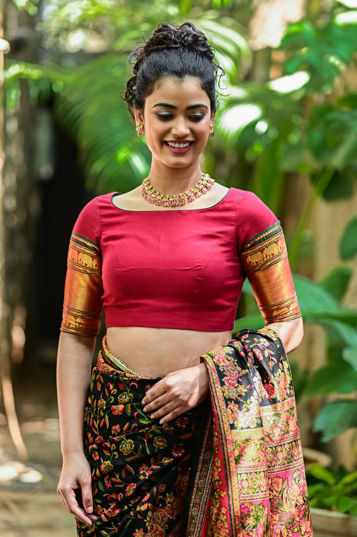 Maroon Narayanpet cotton boatneck blouse with oval cutout and tieback design