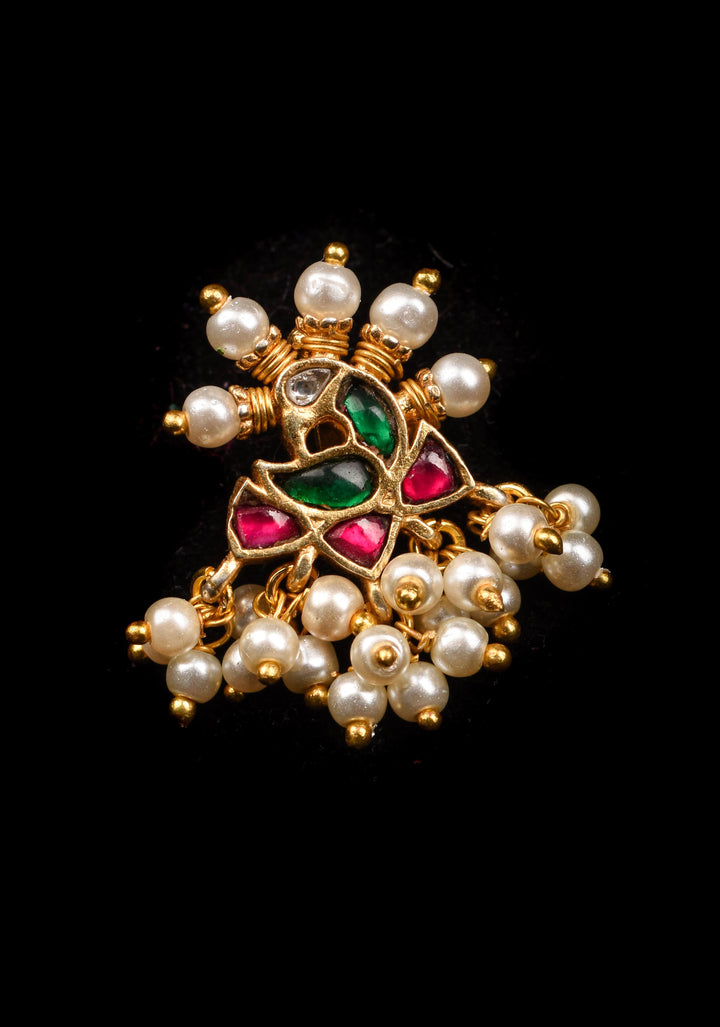Jadau Kundan Clip or nose pin with white dangling beads | Shobitam Jewelry