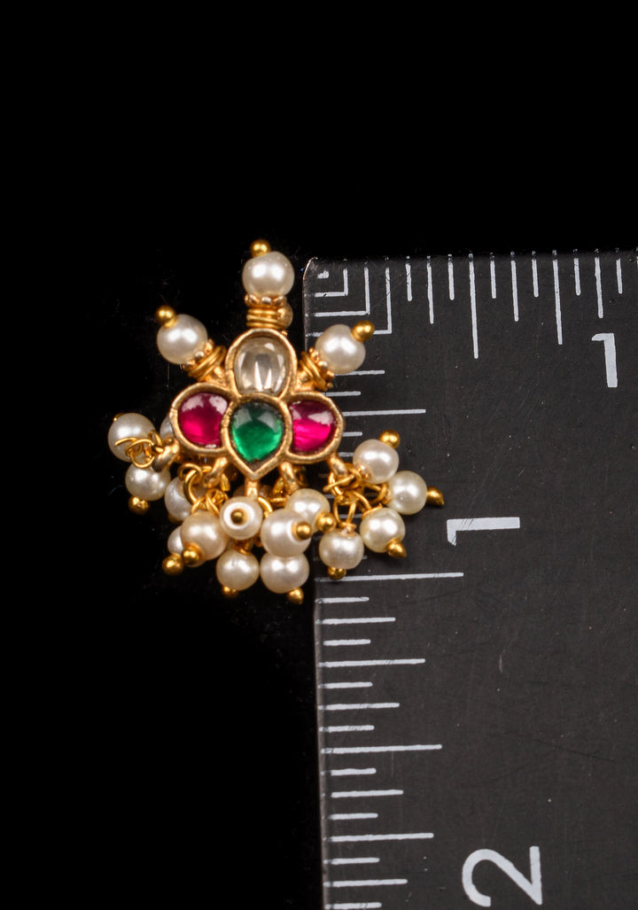 Jadau Kundan Clip or nose pin with white dangling beads | Shobitam Jewelry