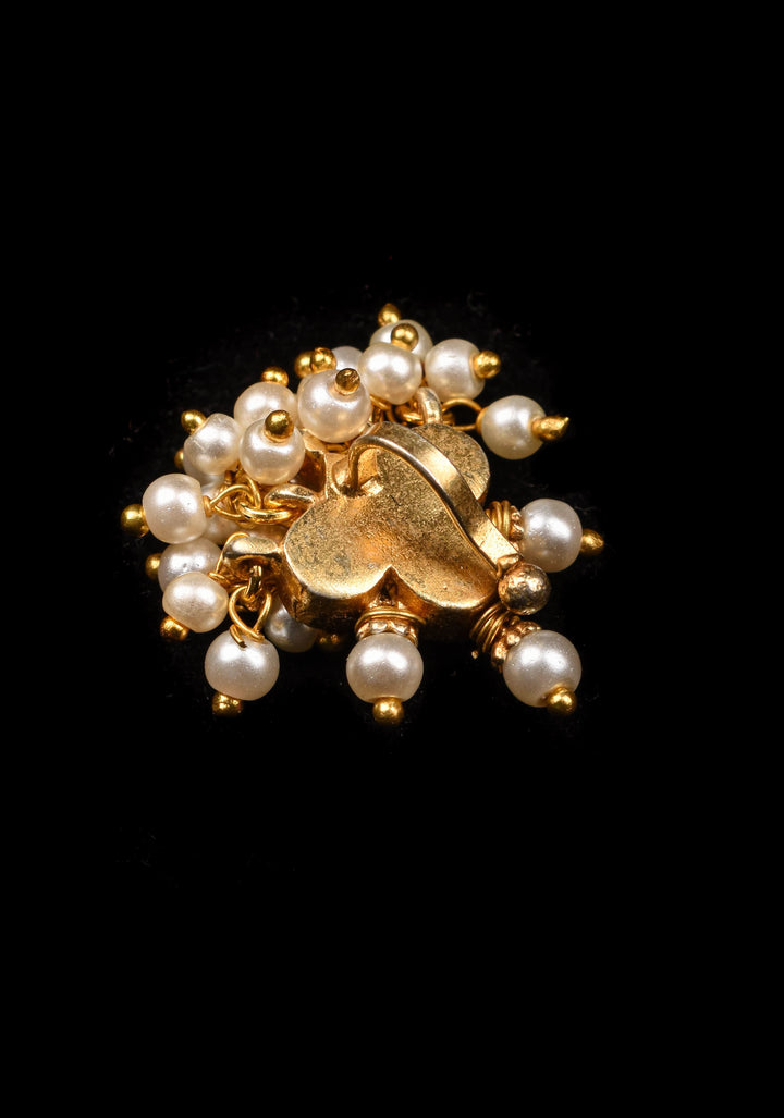Jadau Kundan Clip or nose pin with white dangling beads | Shobitam Jewelry