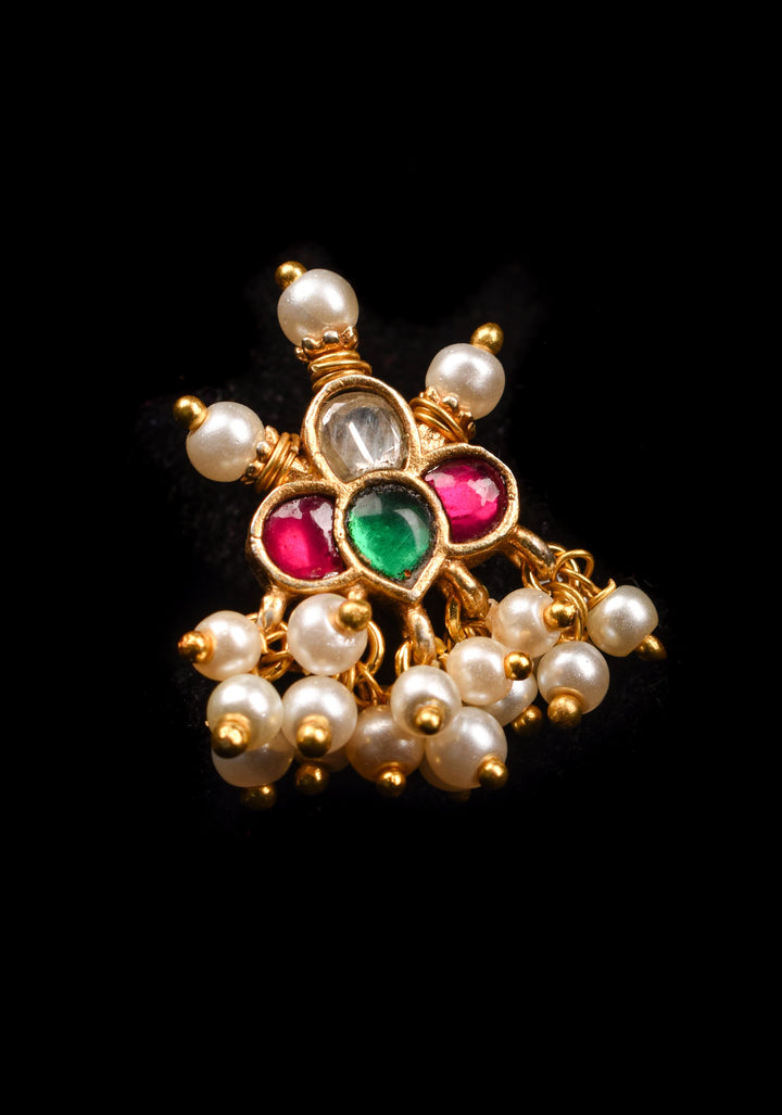 Jadau Kundan Clip or nose pin with white dangling beads | Shobitam Jewelry