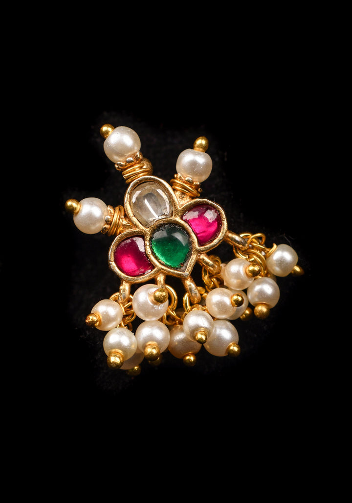 Jadau Kundan Clip or nose pin with white dangling beads | Shobitam Jewelry