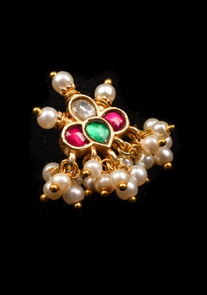 Jadau Kundan Clip or nose pin with white dangling beads | Shobitam Jewelry
