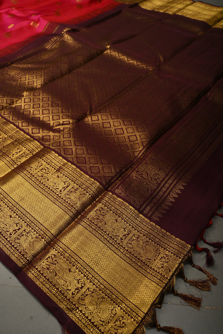 Rani Pink Dual Tone Korvai Pure Kanjivaram Silk Saree with Zari Buttas and Contrast Zari Border | SILK MARK CERTIFIED | SHOBITAM