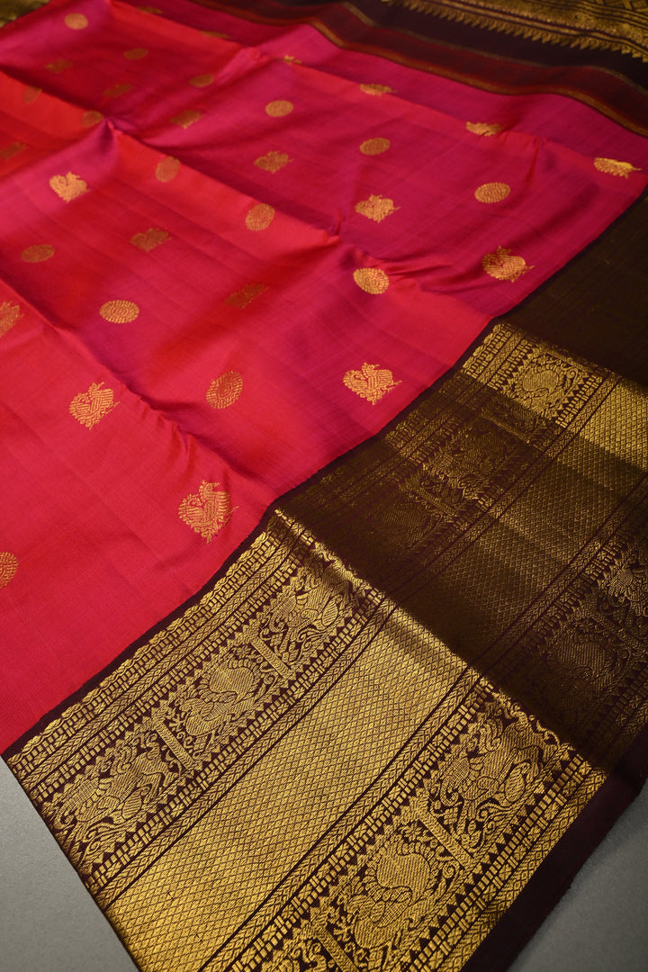 Rani Pink Dual Tone Korvai Pure Kanjivaram Silk Saree with Zari Buttas and Contrast Zari Border | SILK MARK CERTIFIED | SHOBITAM