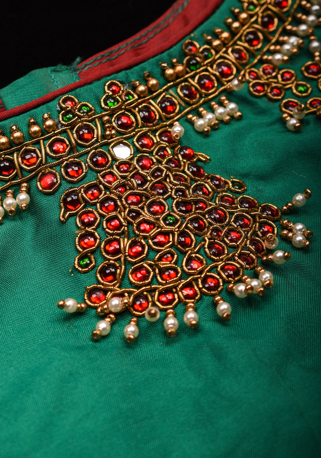 Green  Necklace Design Jadau Ornamental Sleeveless Blouse in Emerald Green Silk , Made to Order