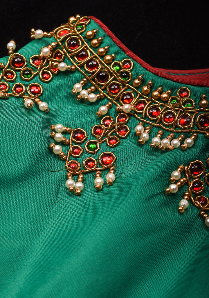 Green  Necklace Design Jadau Ornamental Sleeveless Blouse in Emerald Green Silk , Made to Order