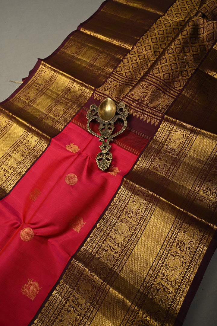 Rani Pink Dual Tone Korvai Pure Kanjivaram Silk Saree with Zari Buttas and Contrast Zari Border | SILK MARK CERTIFIED | SHOBITAM