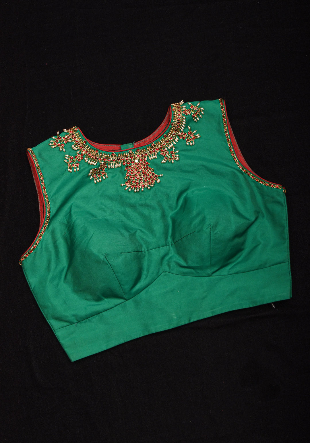 Green  Necklace Design Jadau Ornamental Sleeveless Blouse in Emerald Green Silk , Made to Order