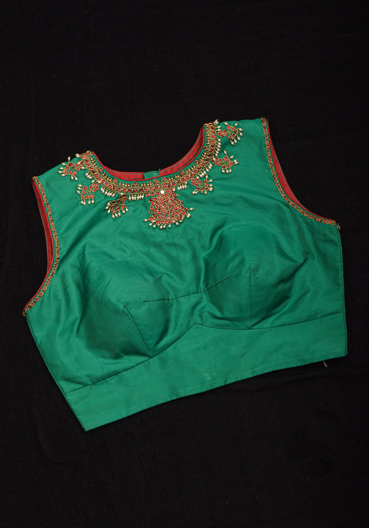 Green  Necklace Design Jadau Ornamental Sleeveless Blouse in Emerald Green Silk , Made to Order