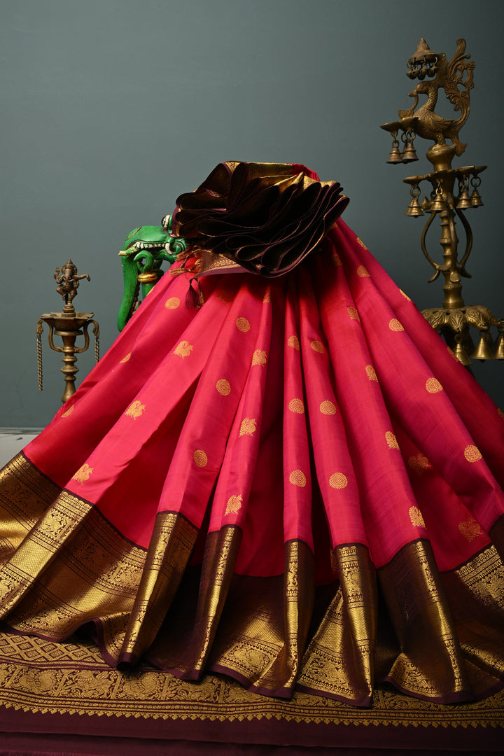 Rani Pink Dual Tone Korvai Pure Kanjivaram Silk Saree with Zari Buttas and Contrast Zari Border | SILK MARK CERTIFIED | SHOBITAM