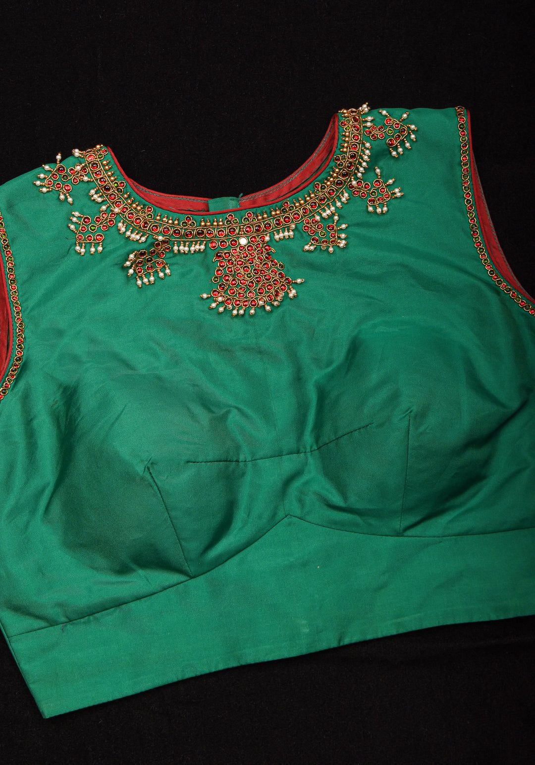 Green  Necklace Design Jadau Ornamental Sleeveless Blouse in Emerald Green Silk , Made to Order