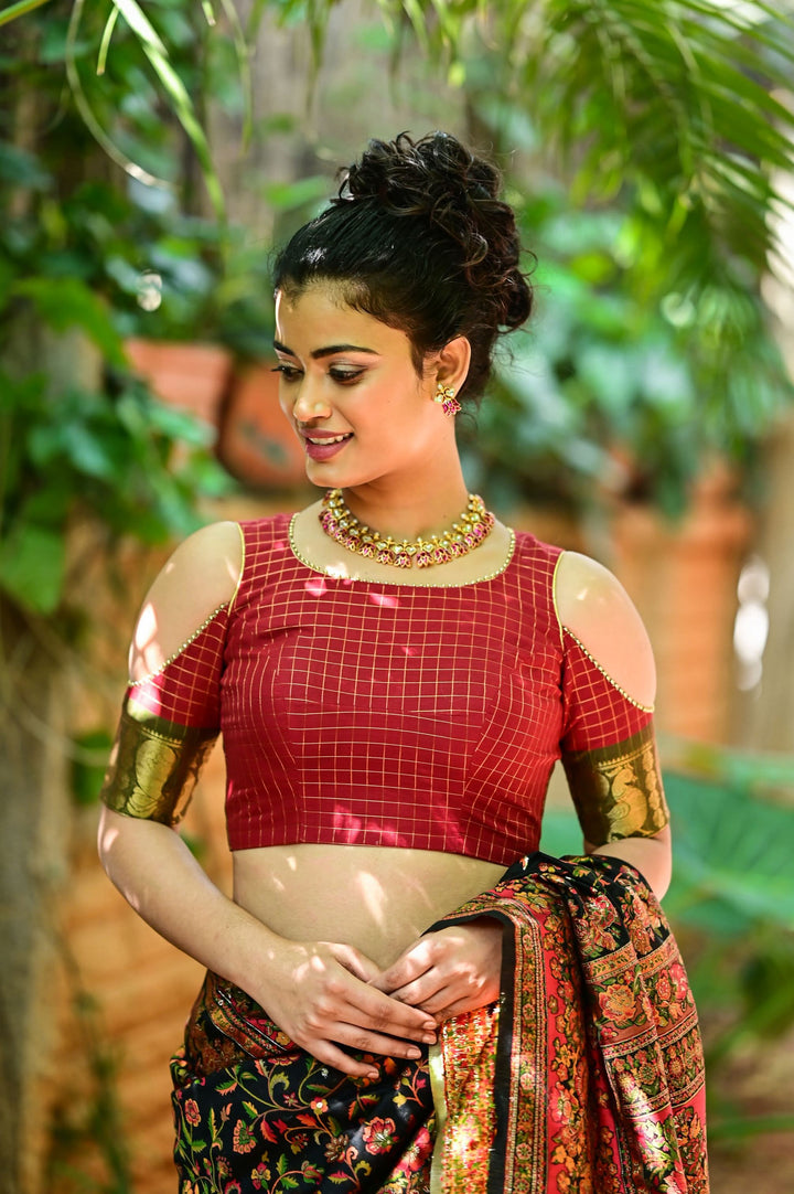 Red checked chettinadu cotton closed U neck with cold shoulder sleeves | SHOBITAM