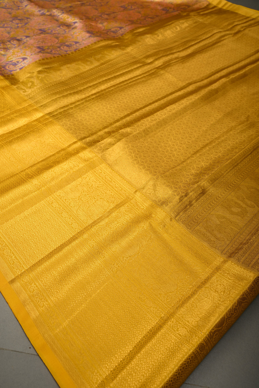 Rangkaat Style on Pure Kanjivaram Tissue Silk Saree with Meenakari Brocade and Contrast Zari Border | SILK MARK CERTIFIED | SHOBITAM