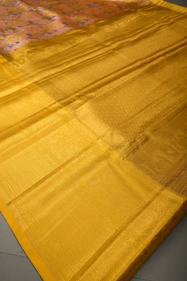 Rangkaat Style on Pure Kanjivaram Tissue Silk Saree with Meenakari Brocade and Contrast Zari Border | SILK MARK CERTIFIED | SHOBITAM