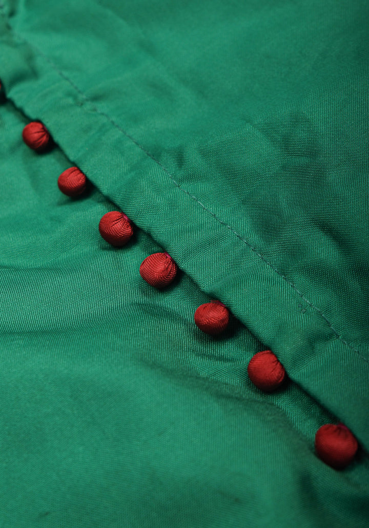 Green  Necklace Design Jadau Ornamental Sleeveless Blouse in Emerald Green Silk , Made to Order