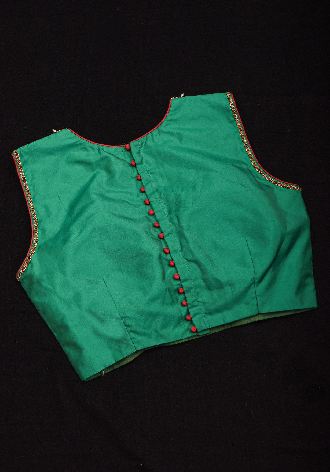 Green  Necklace Design Jadau Ornamental Sleeveless Blouse in Emerald Green Silk , Made to Order