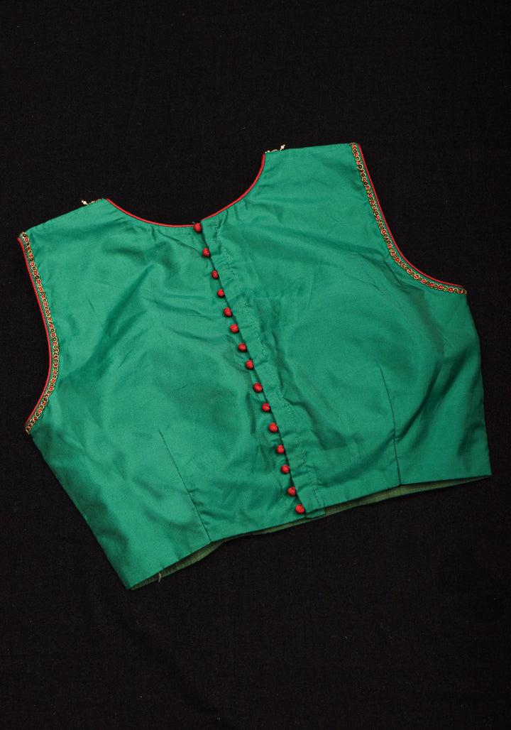 Green  Necklace Design Jadau Ornamental Sleeveless Blouse in Emerald Green Silk , Made to Order