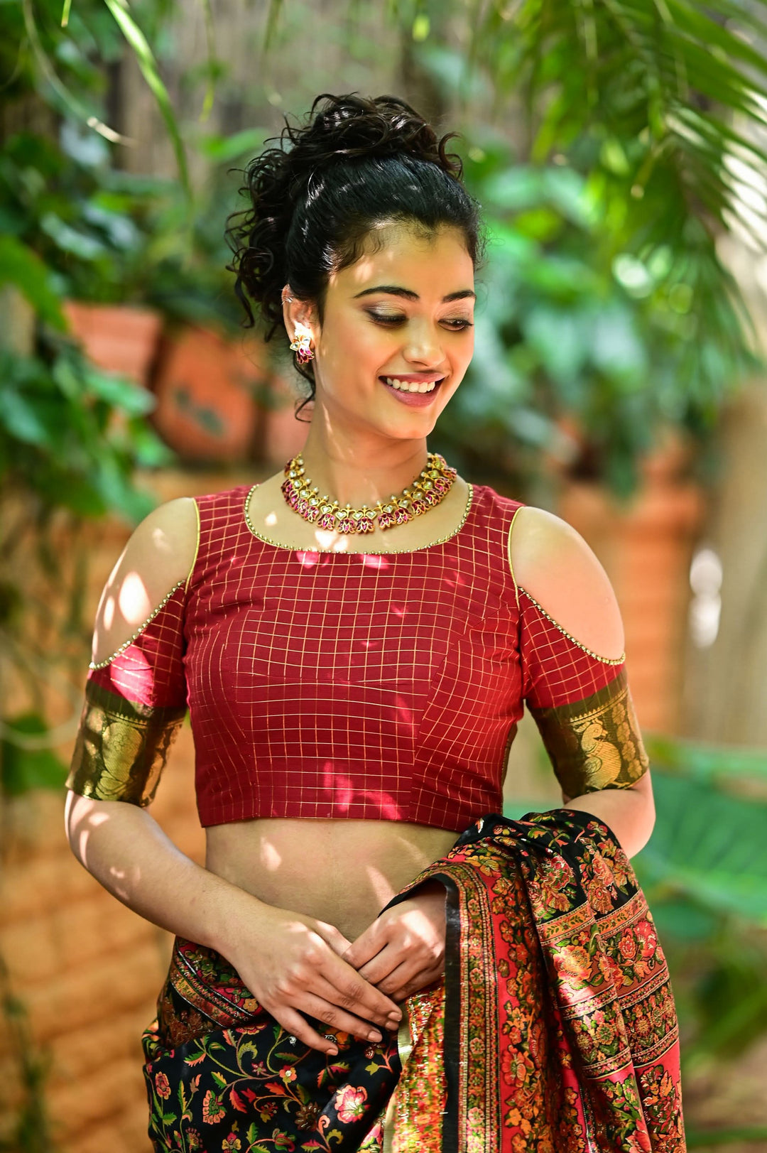 Red checked chettinadu cotton closed U neck with cold shoulder sleeves | SHOBITAM