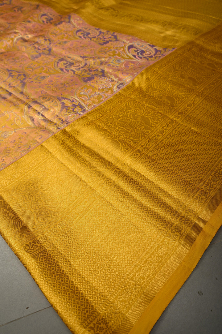 Rangkaat Style on Pure Kanjivaram Tissue Silk Saree with Meenakari Brocade and Contrast Zari Border | SILK MARK CERTIFIED | SHOBITAM