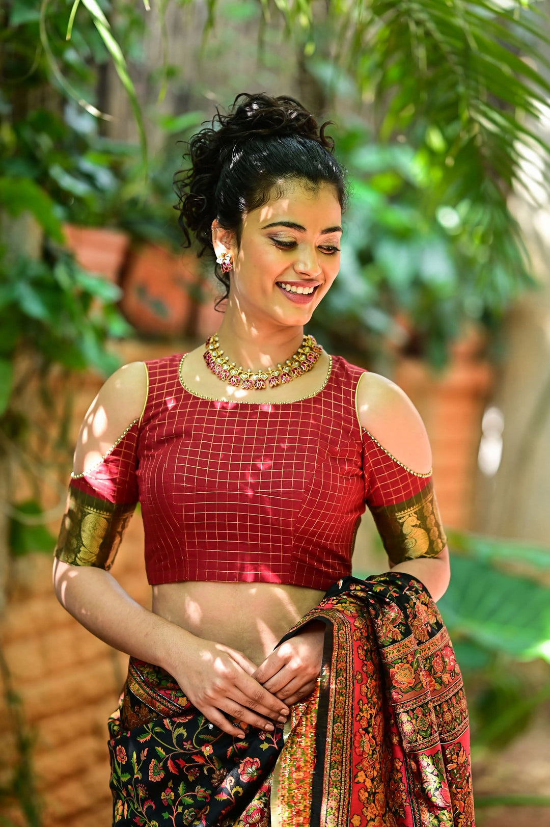 Red checked chettinadu cotton closed U neck with cold shoulder sleeves | SHOBITAM