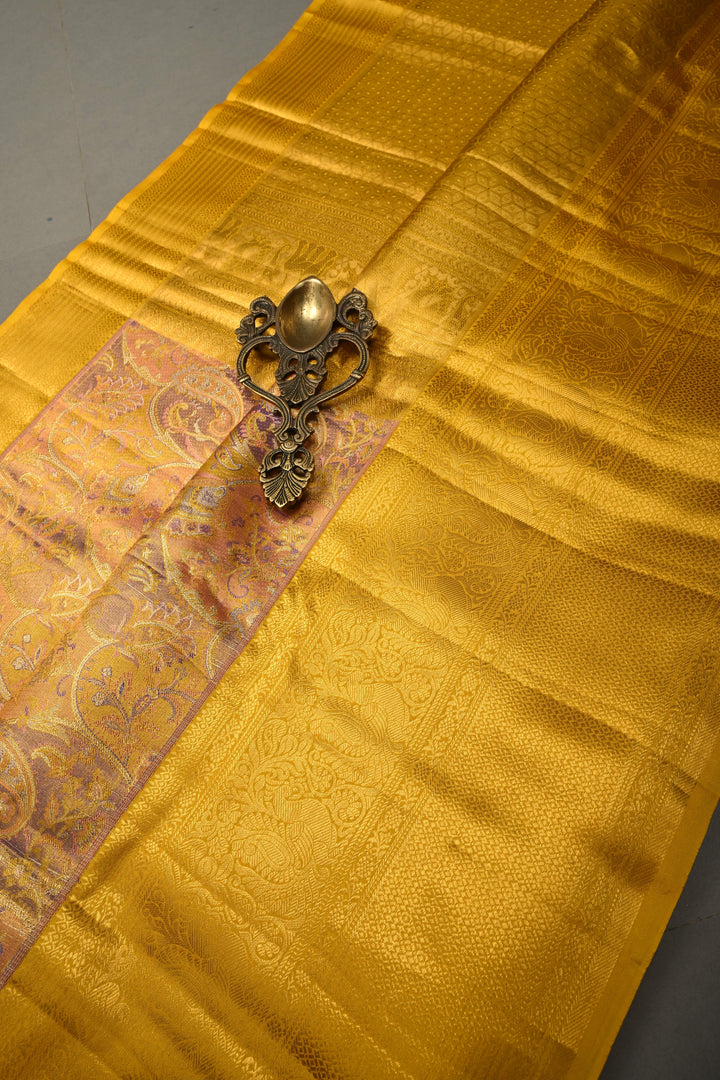 Rangkaat Style on Pure Kanjivaram Tissue Silk Saree with Meenakari Brocade and Contrast Zari Border | SILK MARK CERTIFIED | SHOBITAM