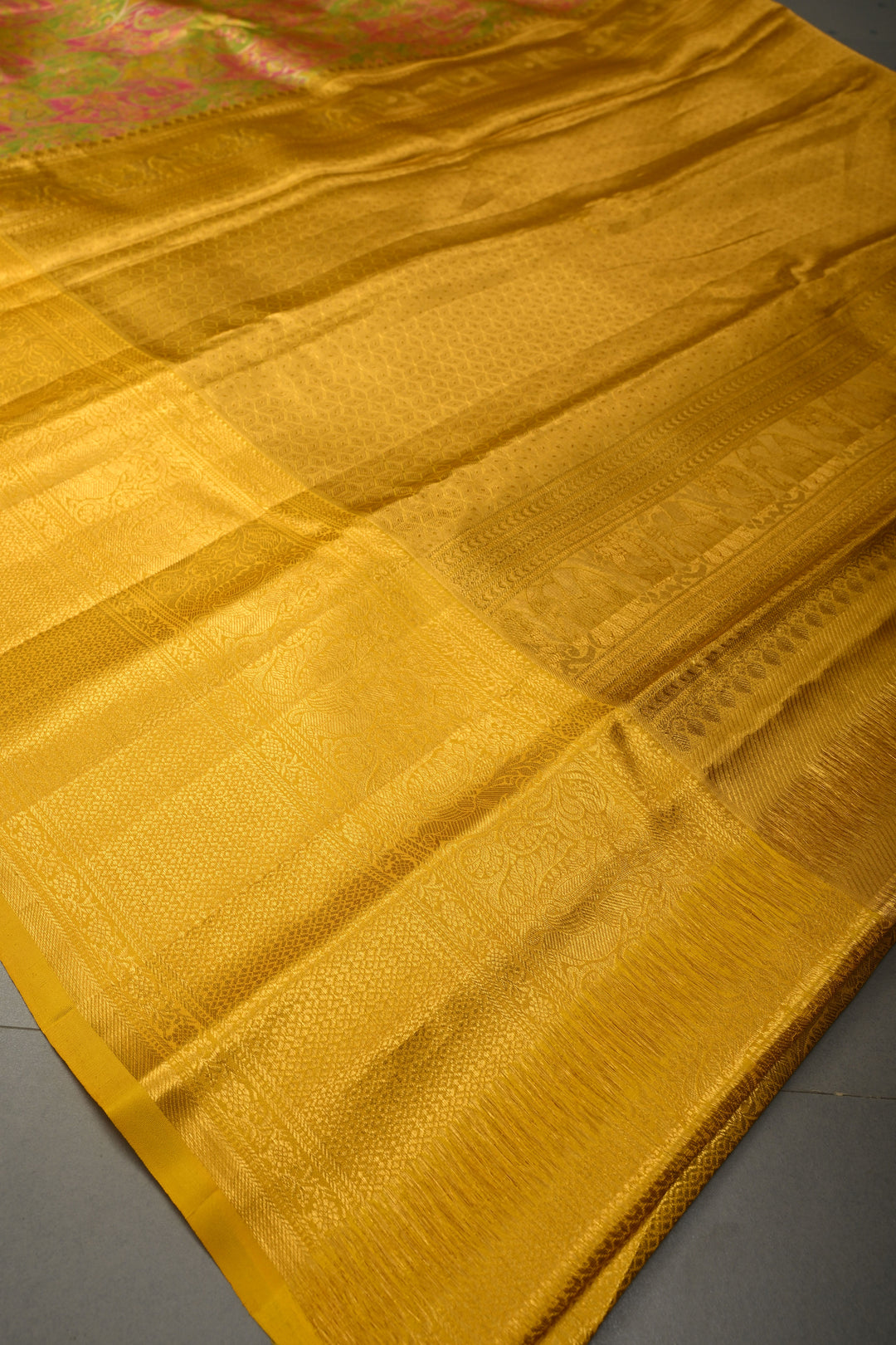 Green Rangkaat Design on Pure Kanjivaram Tissue Silk Saree with Meenakari Floral Brocade | SILK MARK CERTIFIED | SHOBITAM