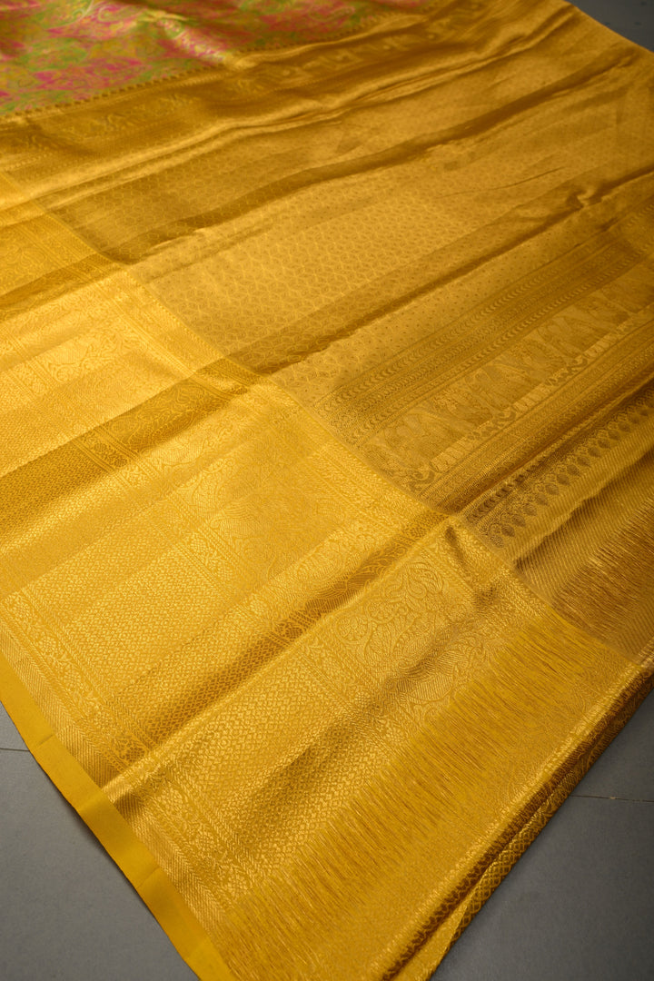 Green Rangkaat Design on Pure Kanjivaram Tissue Silk Saree with Meenakari Floral Brocade | SILK MARK CERTIFIED | SHOBITAM