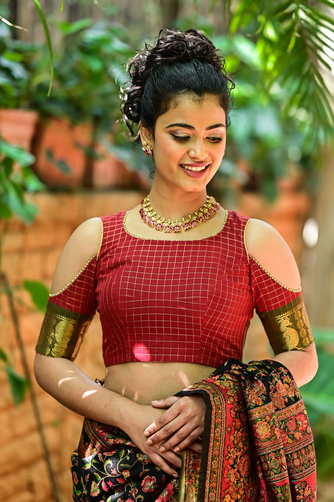 Red checked chettinadu cotton closed U neck with cold shoulder sleeves | SHOBITAM