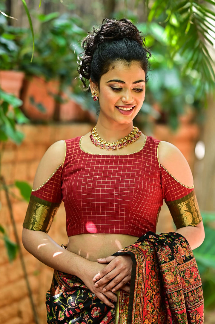 Red checked chettinadu cotton closed U neck with cold shoulder sleeves | SHOBITAM