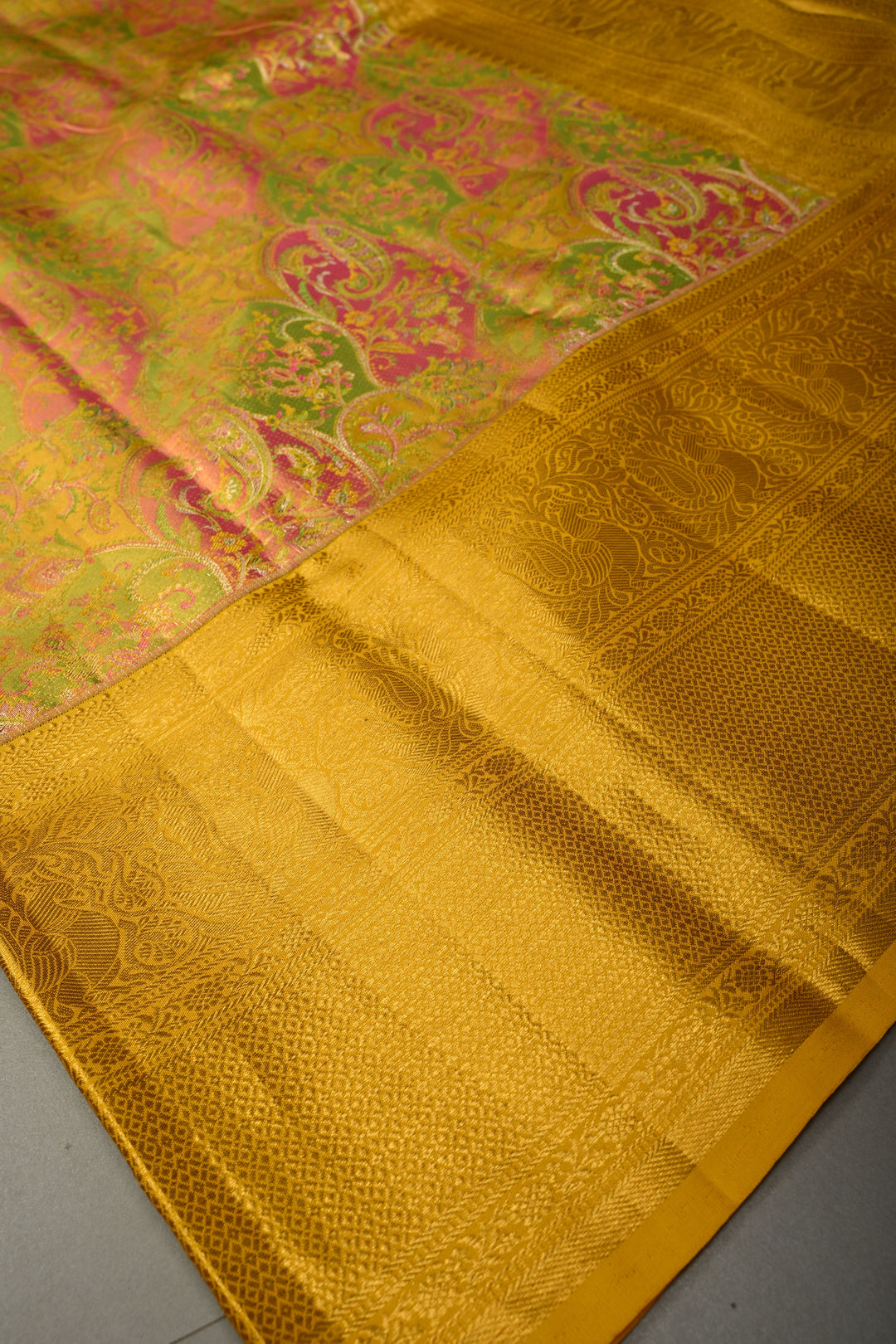 Green Rangkaat Design on Pure Kanjivaram Tissue Silk Saree with Meenakari Floral Brocade | SILK MARK CERTIFIED | SHOBITAM