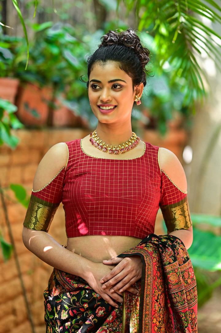 Red checked chettinadu cotton closed U neck with cold shoulder sleeves | SHOBITAM