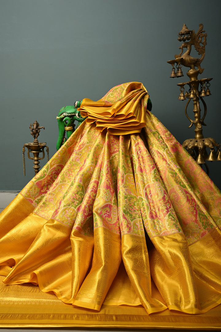 Green Rangkaat Design on Pure Kanjivaram Tissue Silk Saree with Meenakari Floral Brocade | SILK MARK CERTIFIED | SHOBITAM