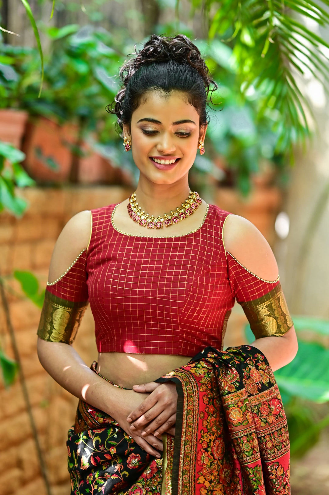 Red checked chettinadu cotton closed U neck with cold shoulder sleeves | SHOBITAM