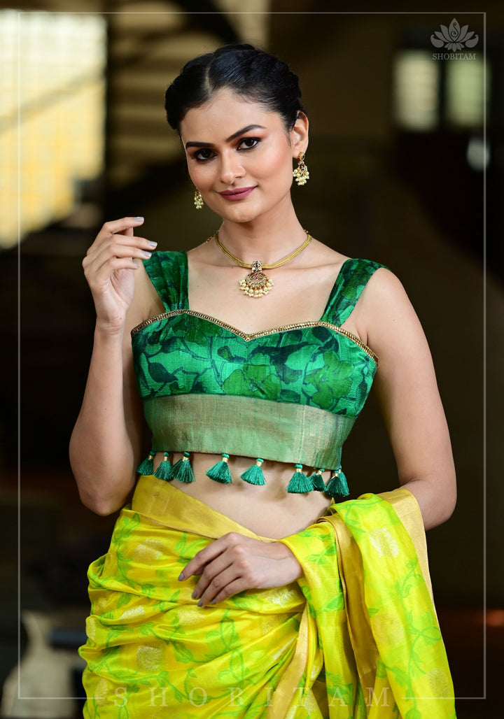 Green Pure Raw Silk Blouse with floral digital print and Tassels base