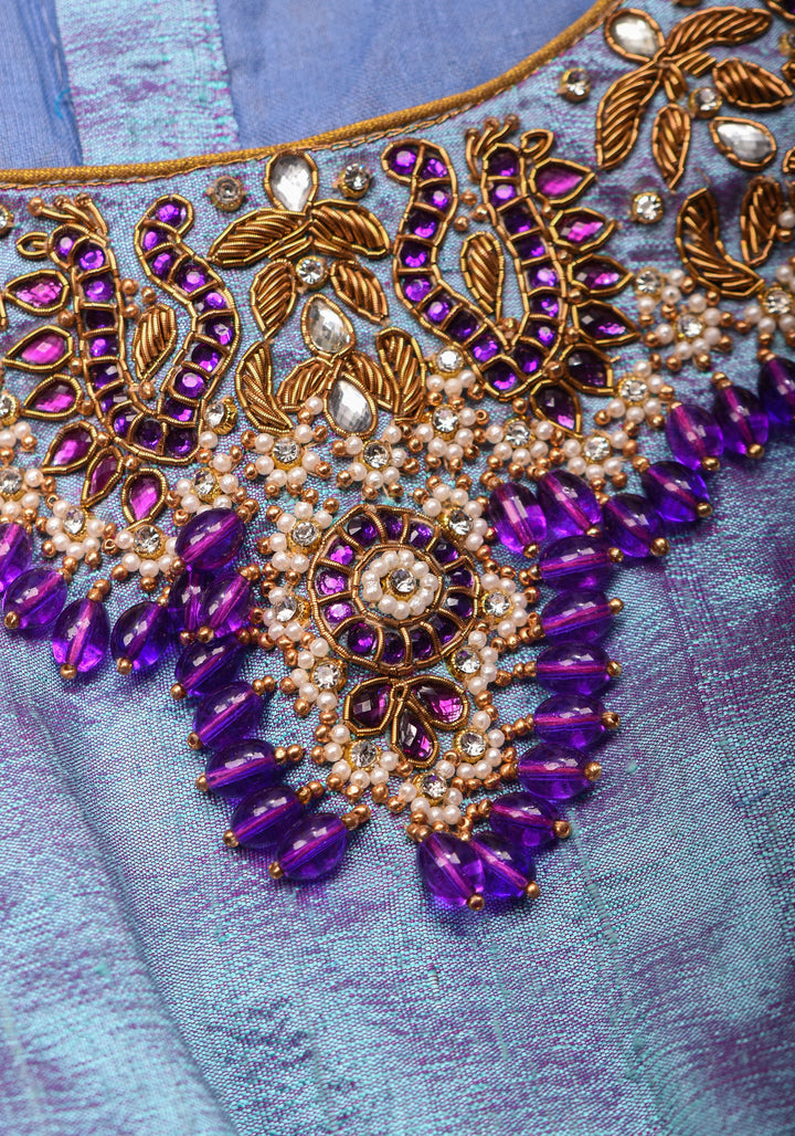 Periwinkle Pure Raw Silk blouse with Necklace and bajubandh hand jadau embroidery, Made to Order